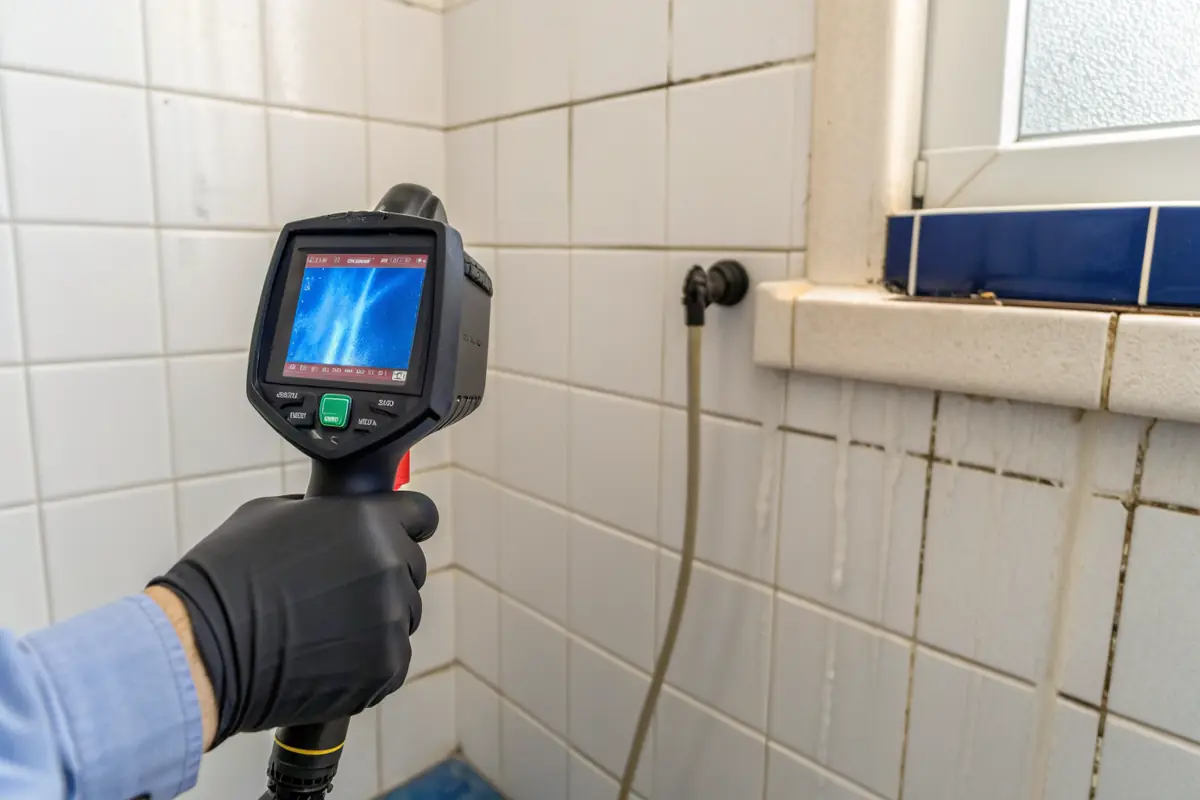 Warmtebeeldcamera toont een koud spoor van een lekkende leiding achter badkamertegels