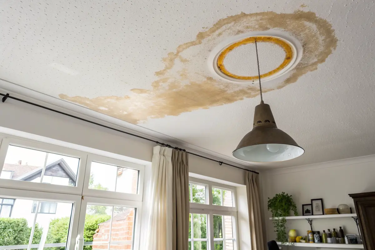 Bruine waterkring op het plafond van een woonkamer