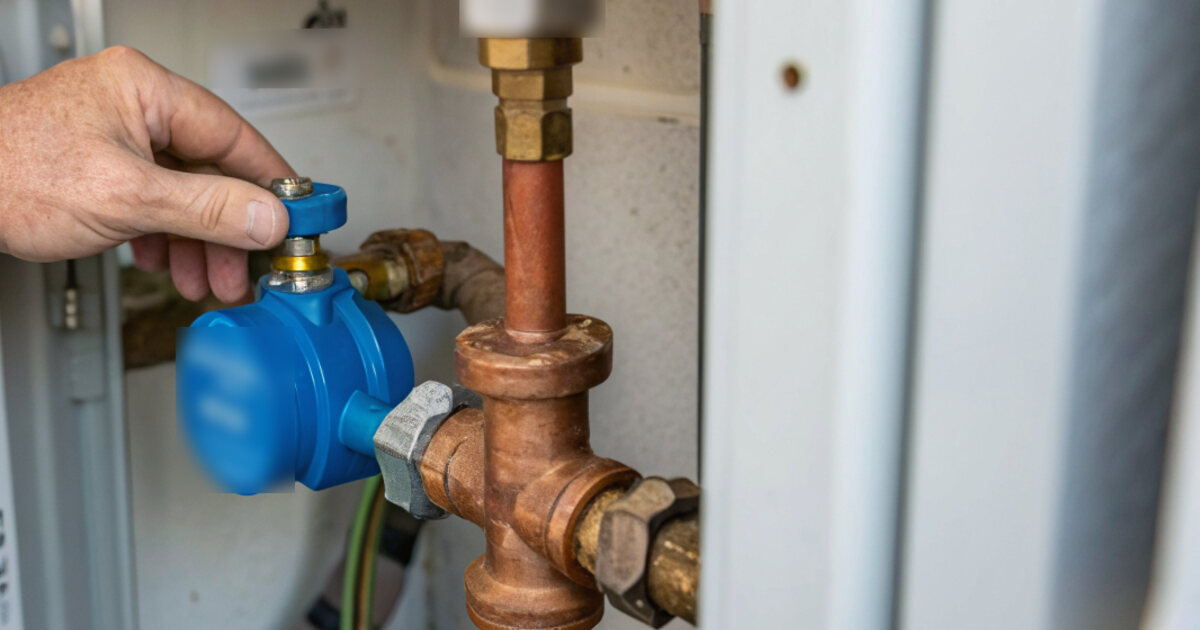 Hand draait aan de hoofdkraan bij de watermeter