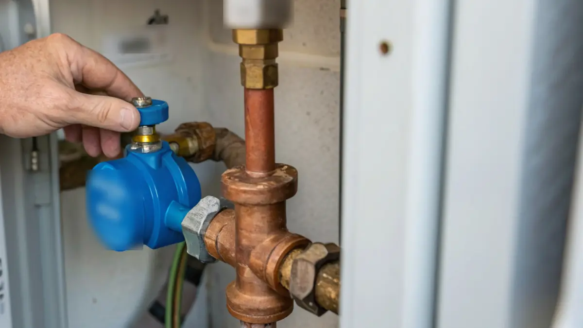 Hand draait de hoofdkraan bij de watermeter in de meterkast dicht