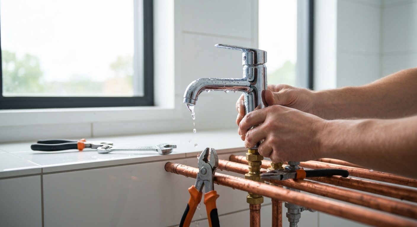Monteur aan het werk bij een keukenkraan en afvoer