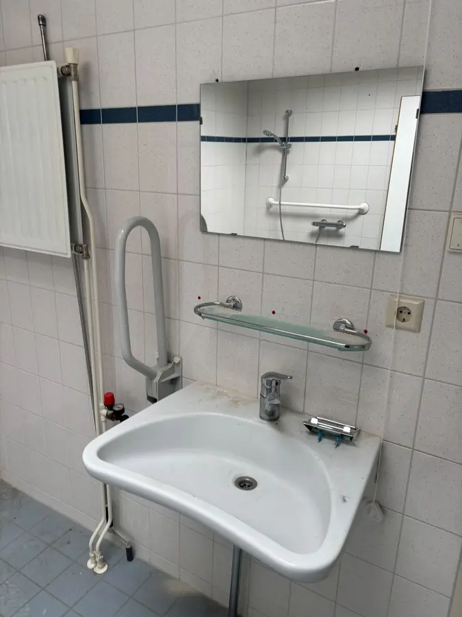 Sanitair & kranen — Wastafel met steunbeugels en spiegel — aangepast, toegankelijk sanitair