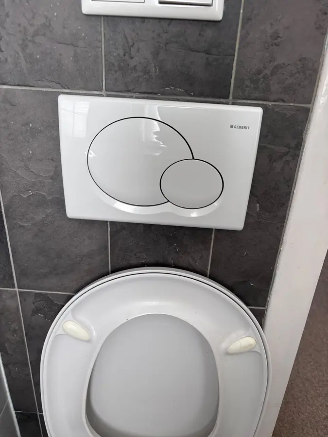 Sanitair & kranen — Bedieningsplaat van een inbouwreservoir boven een hangend toilet